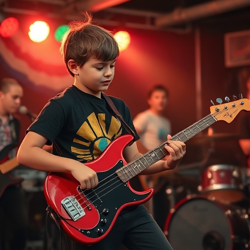 Young Taylor playing a bass guitar for the first time with a punk band